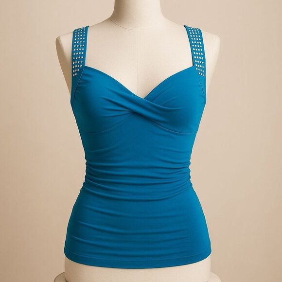 Bebe Blue Studded Tank Top XS – Twist Front Open Ring Back Alt-Core Glam EUC - Picture 6 of 7